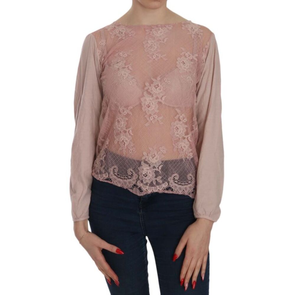PINK MEMORIES Pink Lace See Through Long Sleeve Women's Blouse